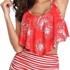 Kabety Womens New 2 Piece Swimsuit Ruffled Racerback High Waist Tangerine 3XL